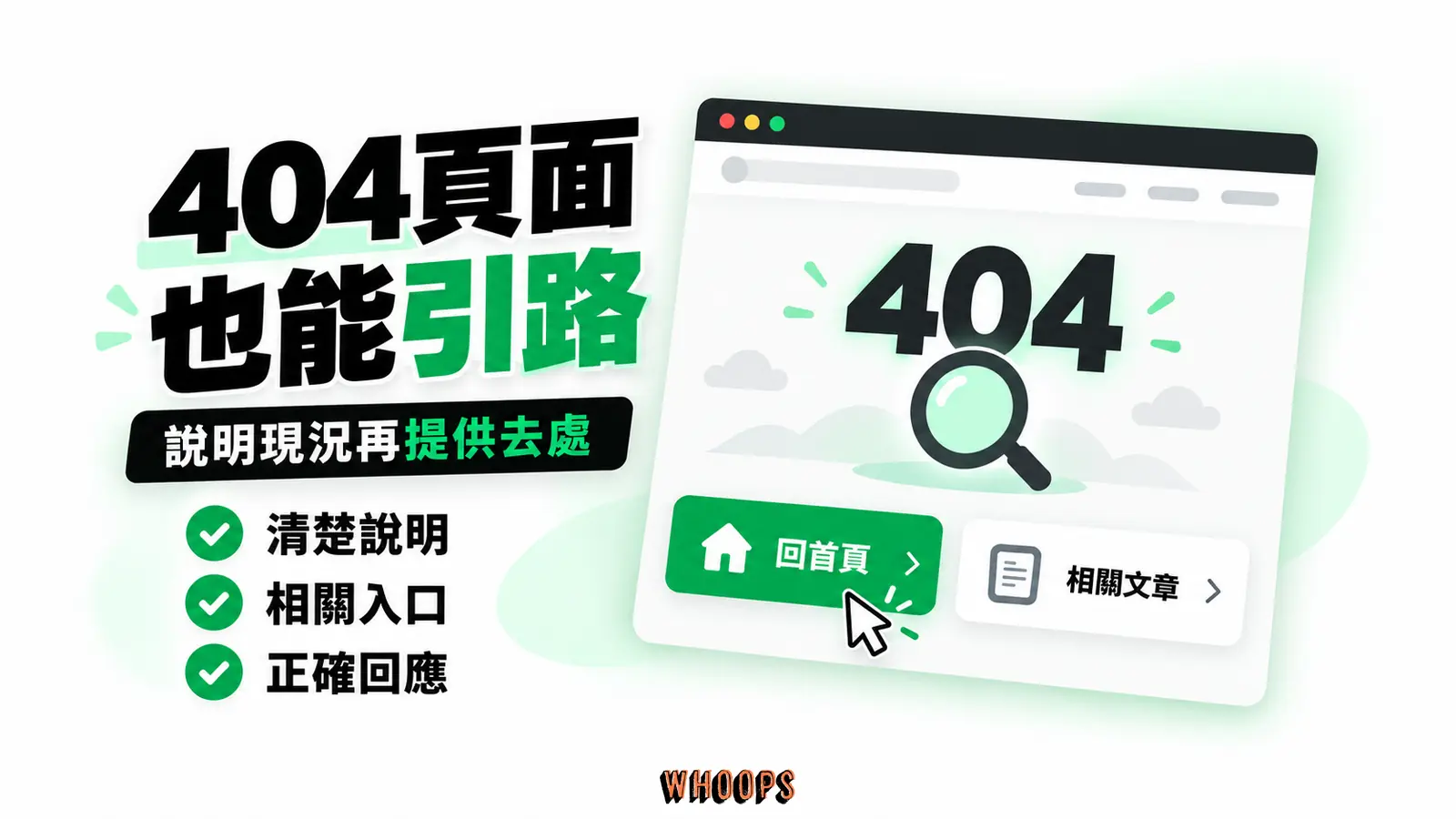404錯誤頁提供清楚說明與相關導覽，協助訪客繼續原本任務