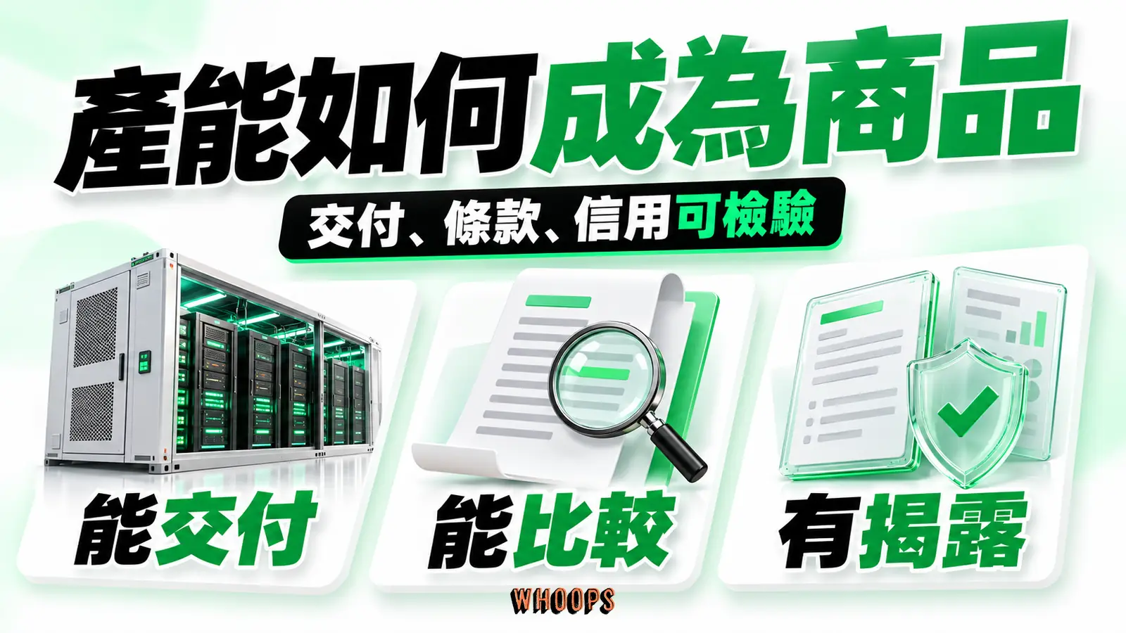 能交付、能比較、有揭露三個條件以機房、合約與文件圖示呈現。