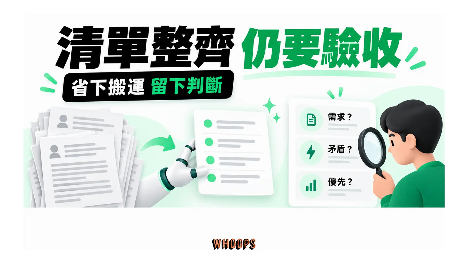訪談整理可交 AI,需求辨認、矛盾調解與優先序仍須驗收