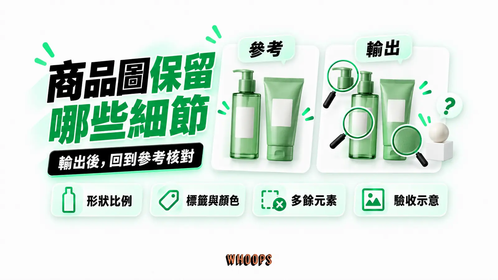 商品圖保留哪些細節：形狀比例、標籤與顏色、多餘元素