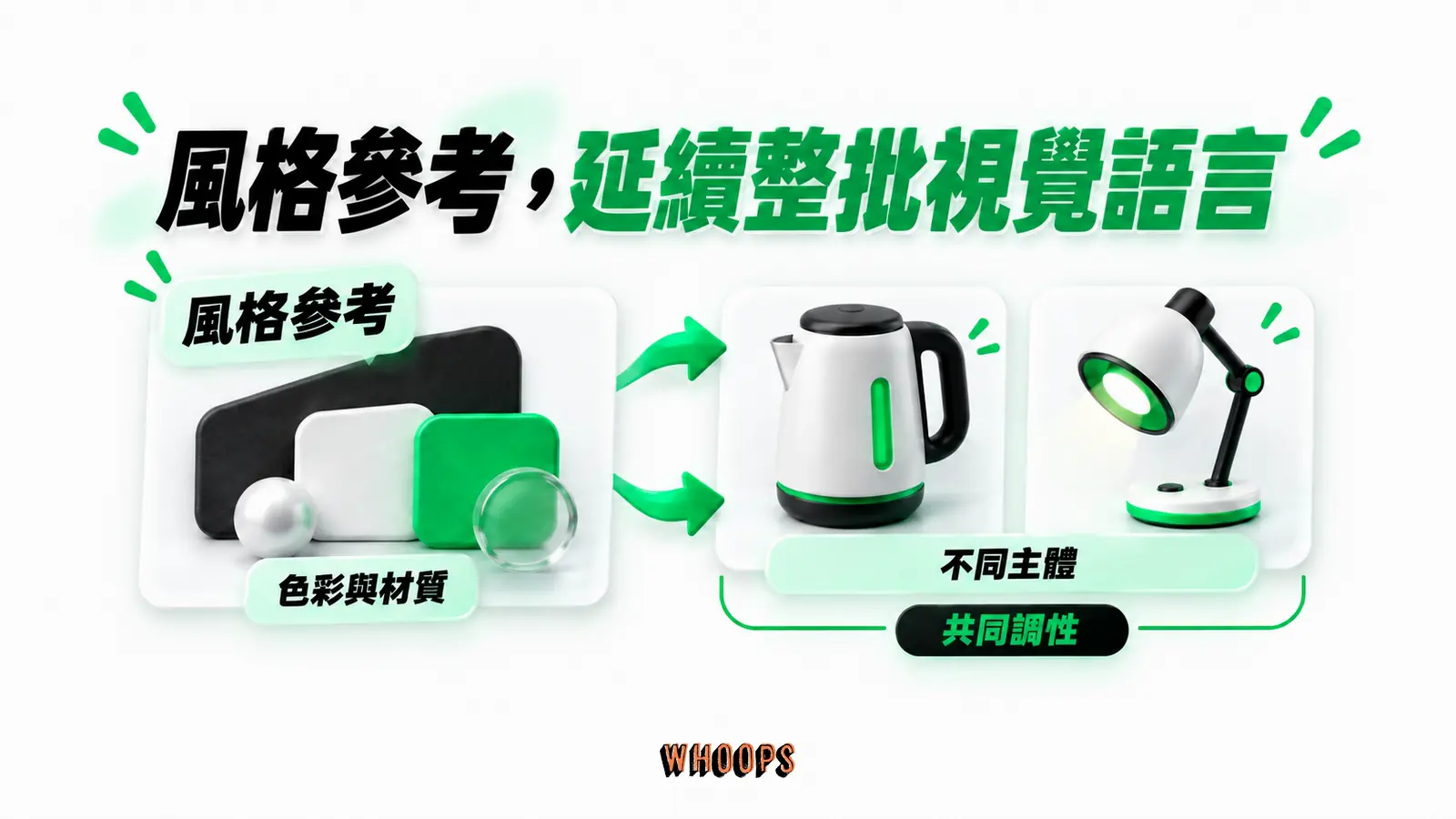風格參考，延續整批視覺語言：風格參考、色彩與材質、不同主體、共同調性