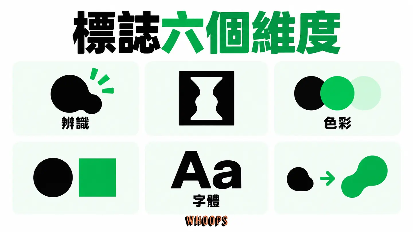 標誌六個維度：辨識、負空間、色彩、幾何、字體與演化各自檢查。