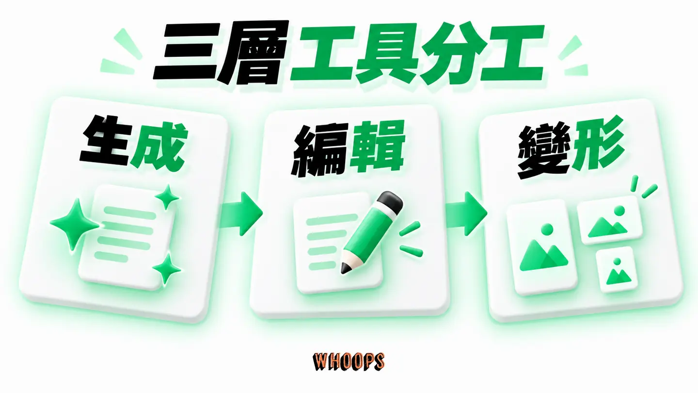 三層工具分工:生成初稿、編輯內容、變形多尺寸的先後關係。