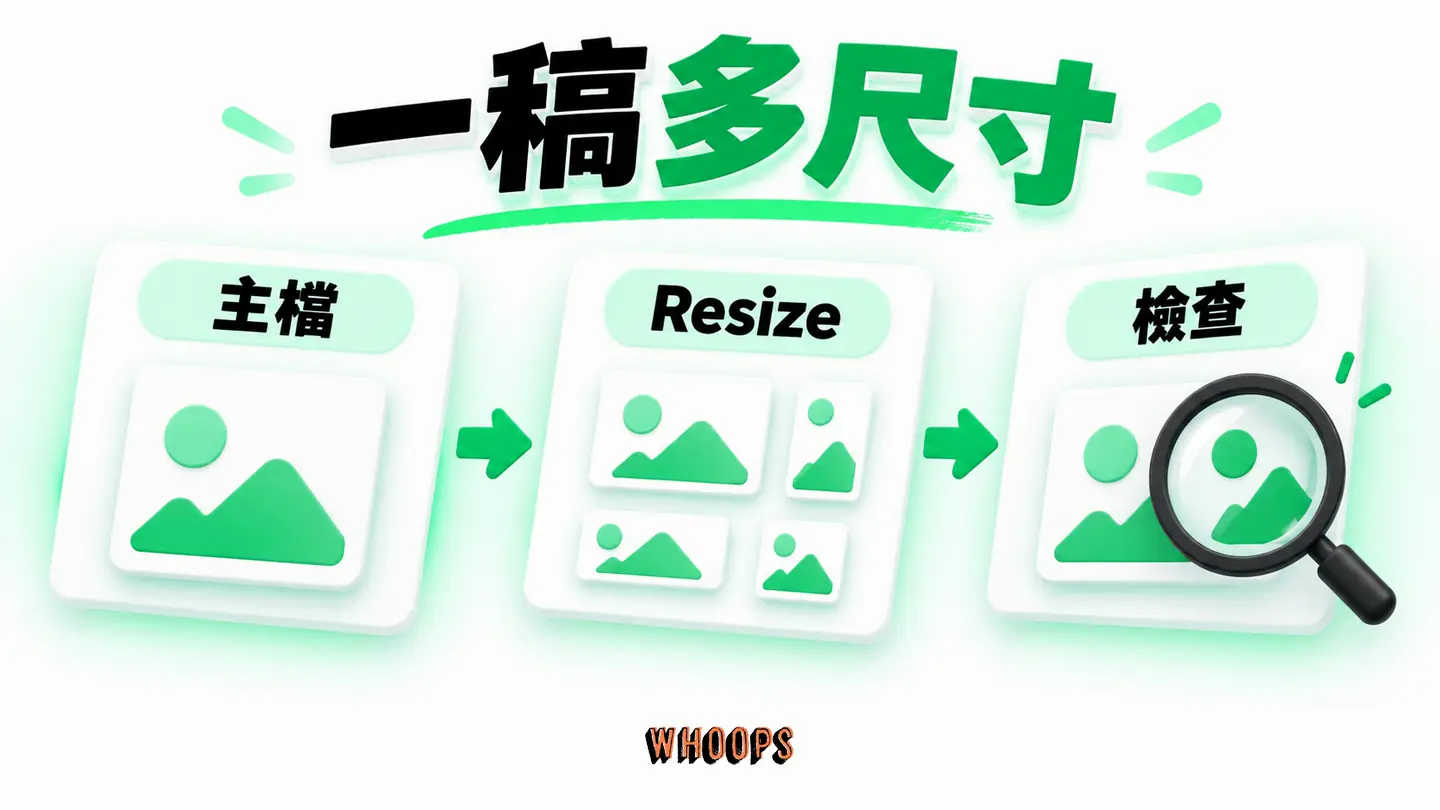一稿多尺寸：主檔經 Magic Resize 產出尺寸變體後逐張修整。