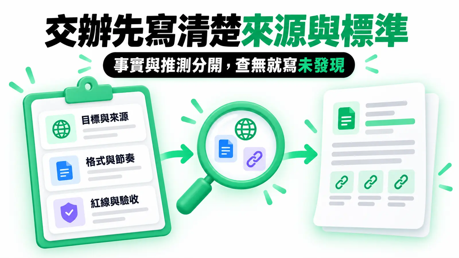 交辦先寫清楚來源與標準：交辦單先定目標、來源、格式、節奏、紅線與驗收方式；事實和推測分開，查無資料則回報未發現。