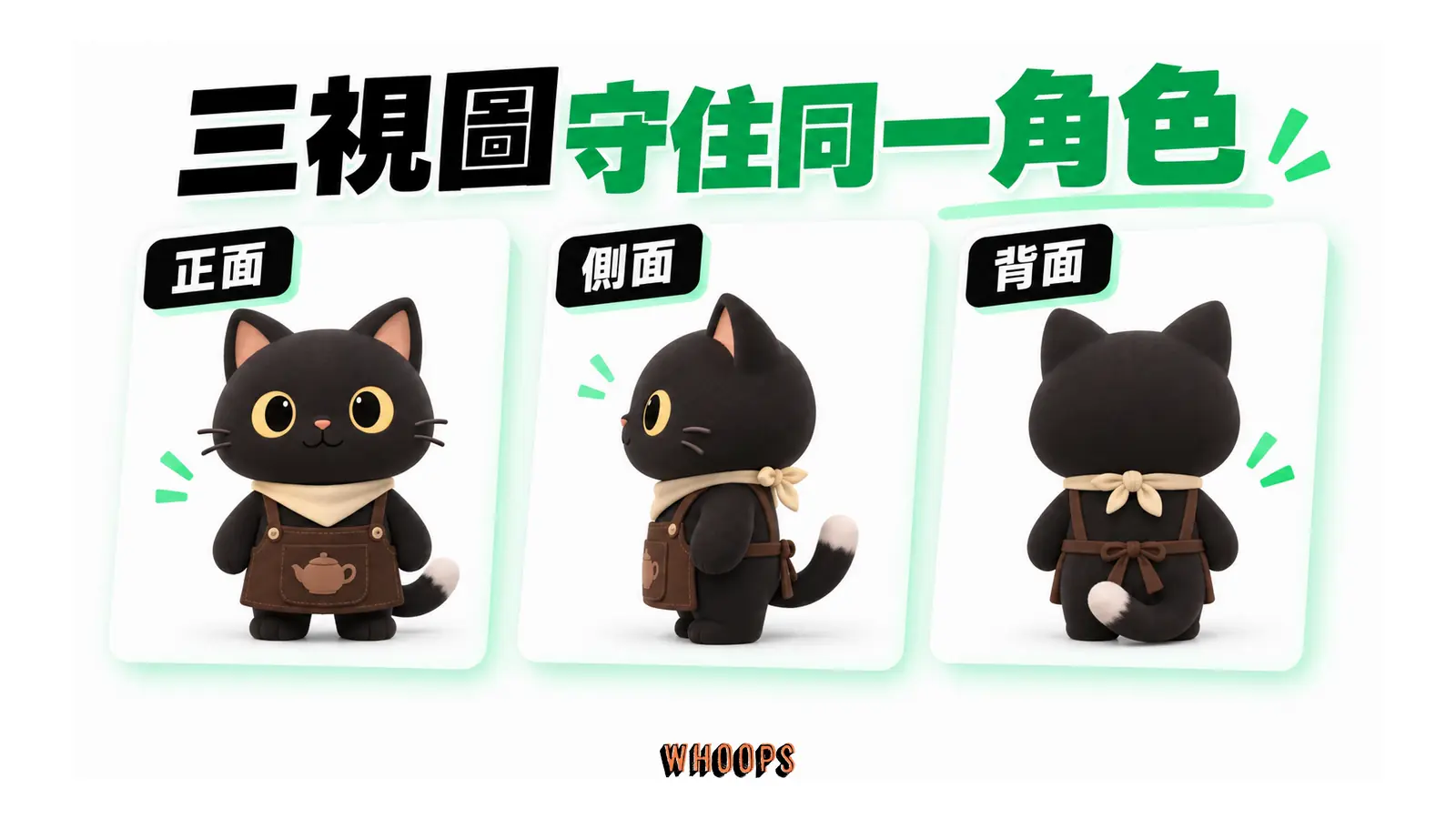 三視圖守住同一角色的解說圖，呈現正面；側面；背面。