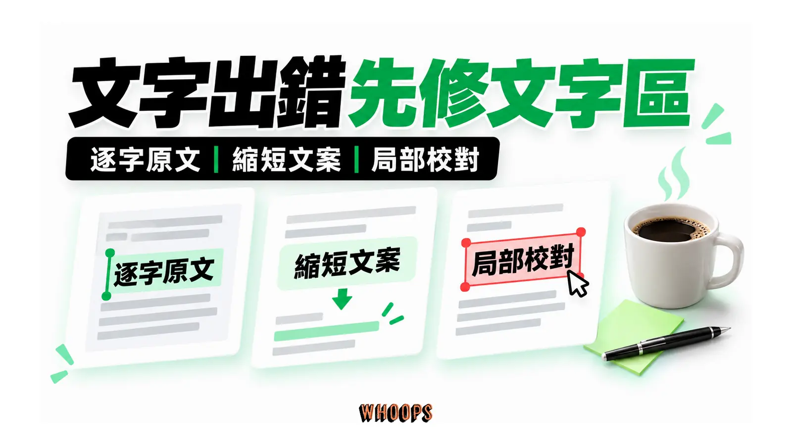 文字出錯先修文字區的解說圖，呈現逐字原文；縮短文案；局部校對。