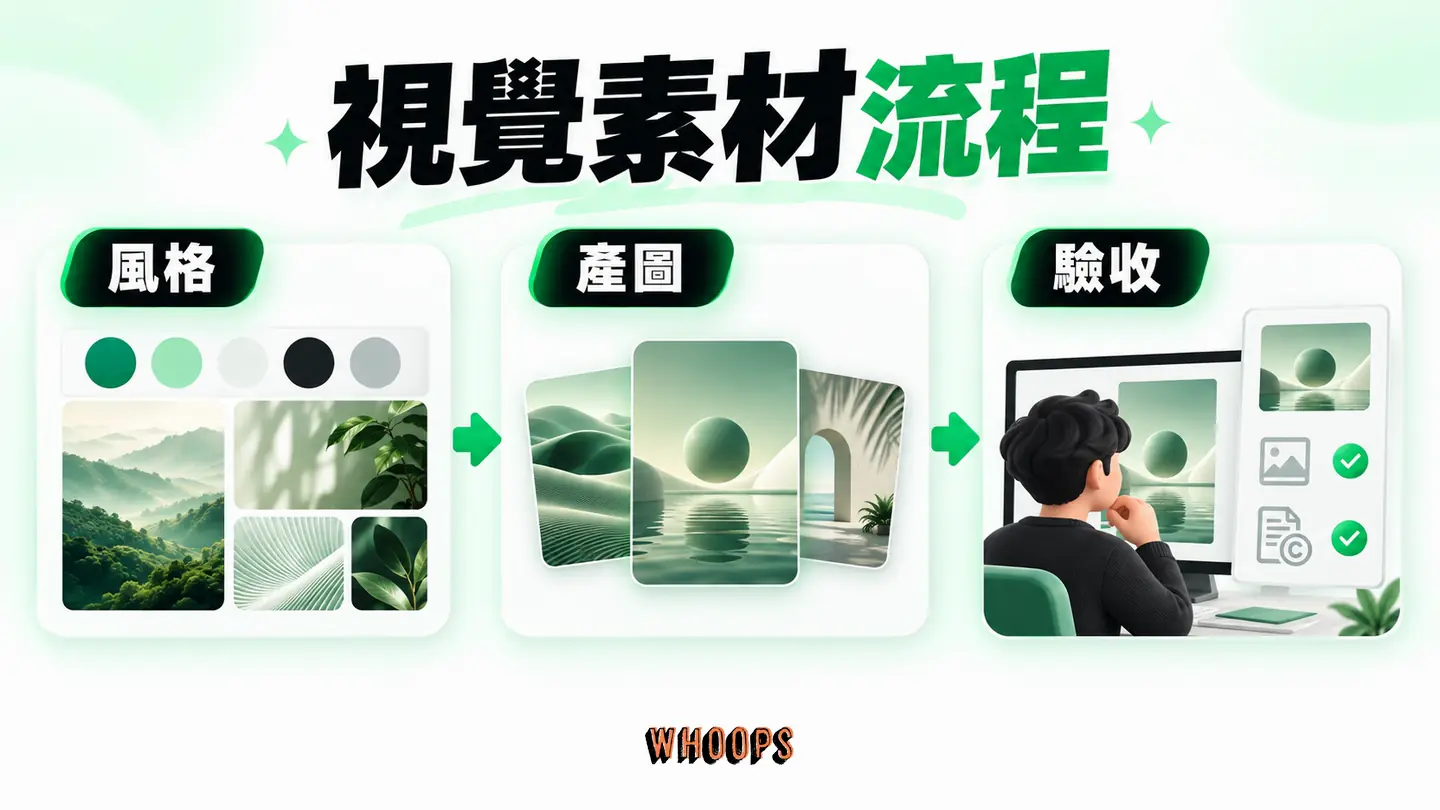 視覺素材流程:先定義風格規範,再生成候選並逐張檢查授權與版面。