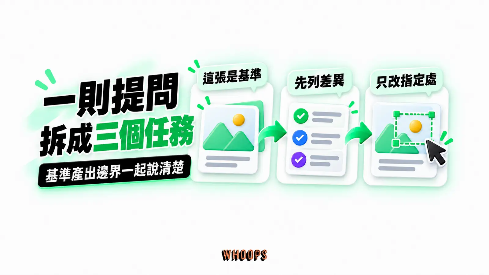 一則提問拆成三個任務：這張是基準、先列差異、只改指定處