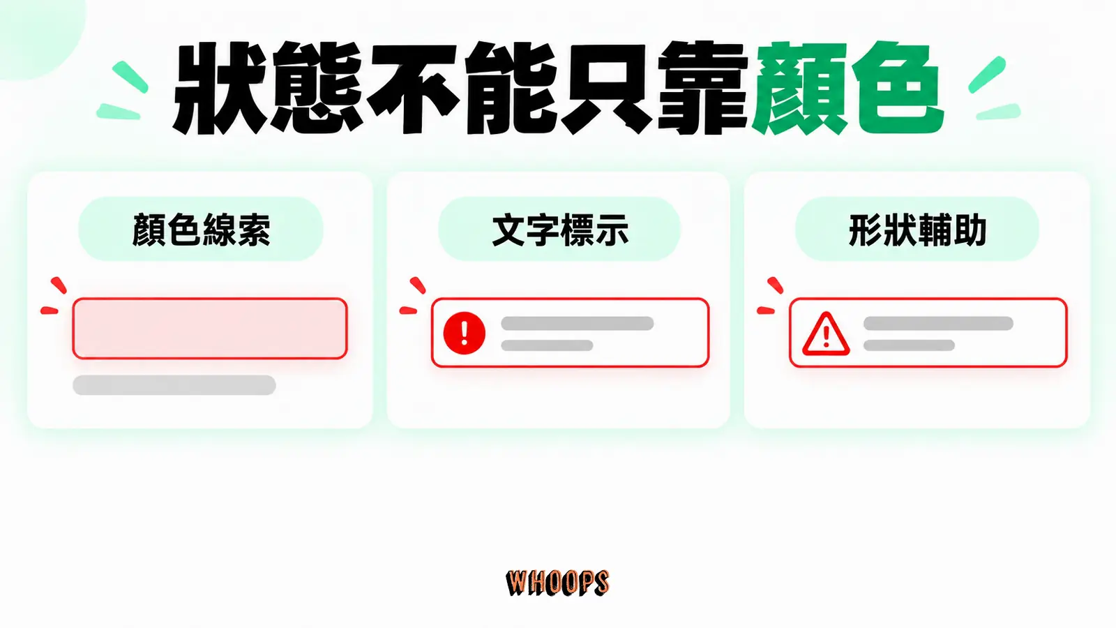 在色彩之外加入文字或形狀，可讓狀態和圖表資訊更容易辨識。