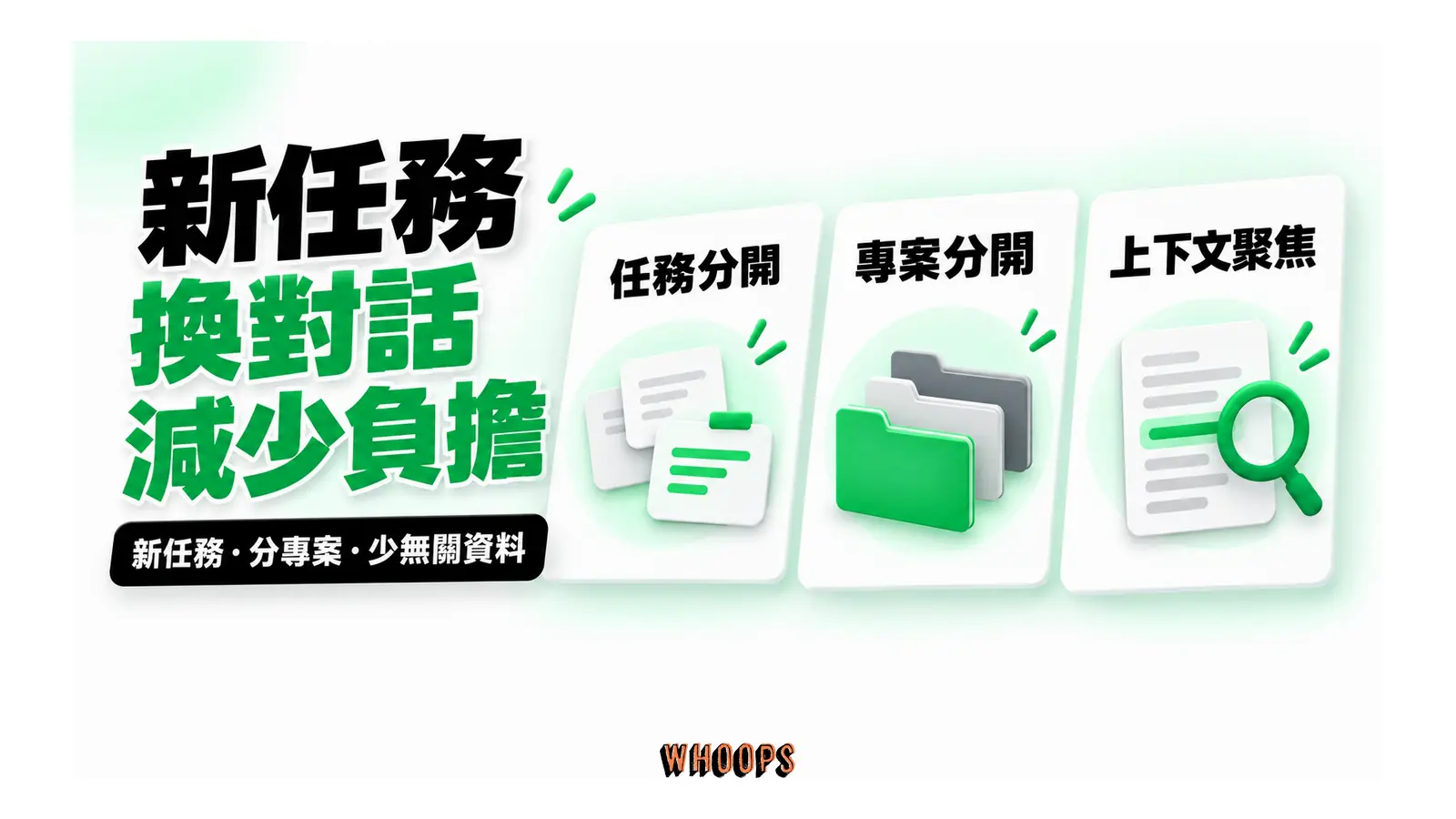 新任務換對話減少負擔圖解：新任務・分專案・少無關資料