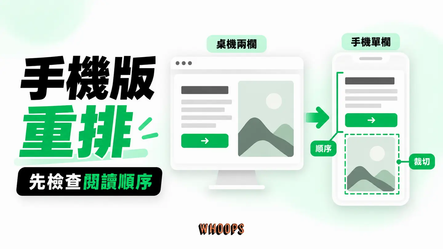 手機版重排：桌面多欄依 DOM 堆疊，逐項檢查順序、字級與圖片裁切。