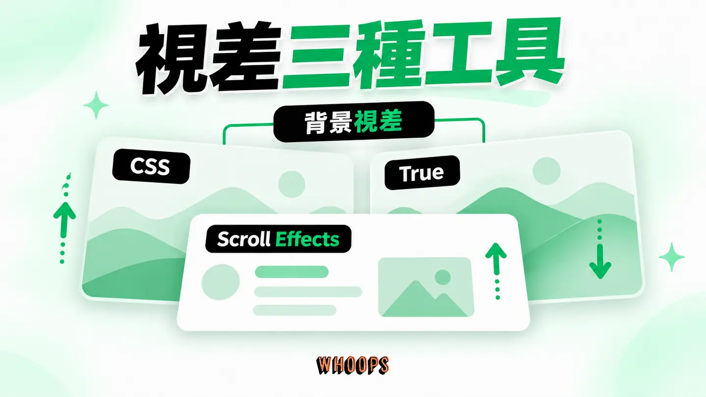 視差三種工具：CSS/True Parallax 處理背景，Scroll Effects 處理前景。