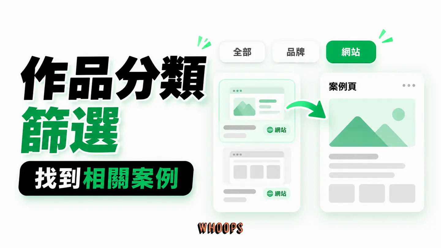 作品分類篩選：類別標籤控制作品格網，選中作品連到案例頁。
