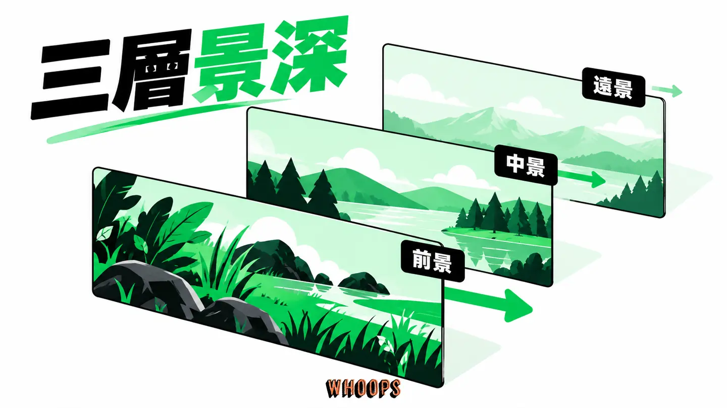三層景深：遠景、中景與前景以不同位移建立深度。
