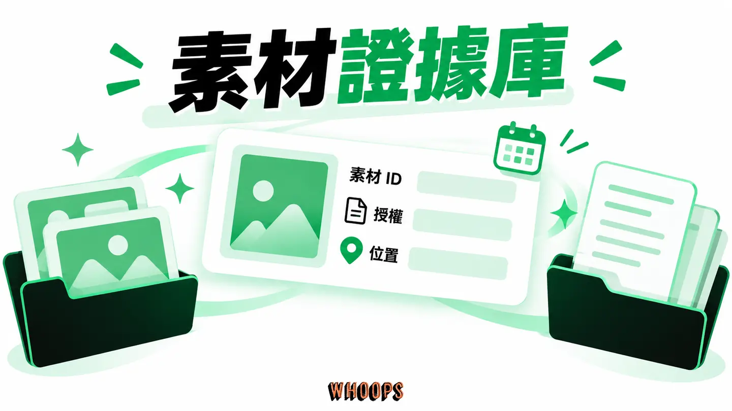 素材證據庫：素材 ID、下載日期、授權版本與使用位置一起保存。