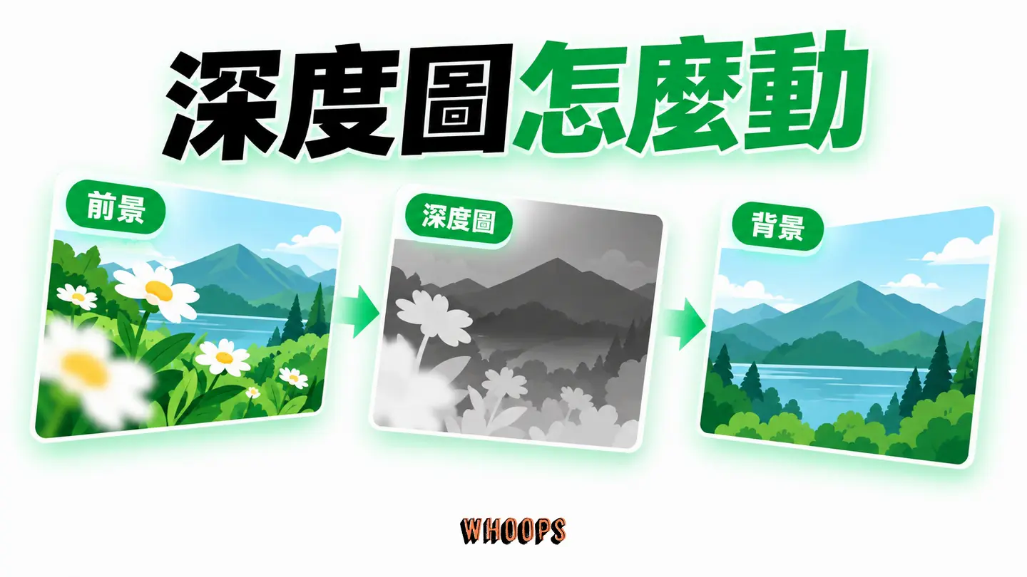 深度圖怎麼動：前景與背景深度不同，位移產生 3D 觀感。
