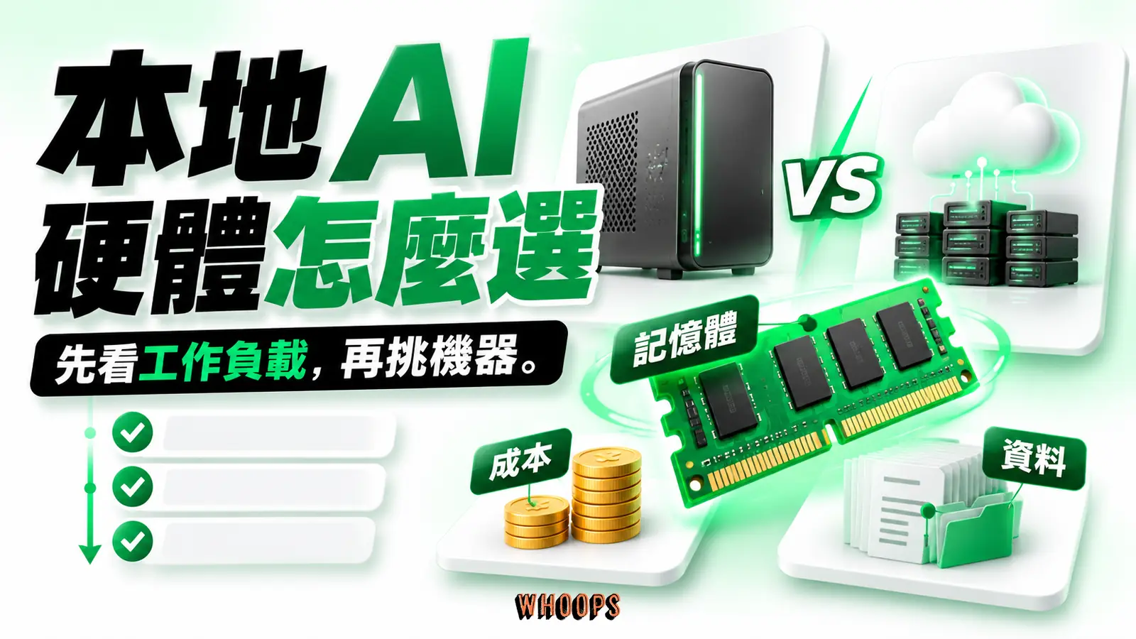 本地 AI 硬體怎麼選 本地工作機與雲端並列,記憶體、成本、資料構成選型檢查項目。