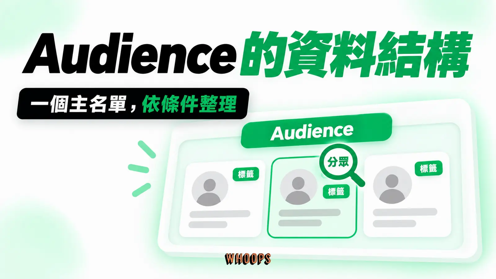 Mailchimp Audience 作為聯絡人容器，再以標籤與分眾按條件整理聯絡人的概念圖。