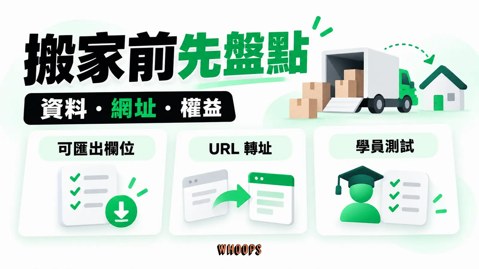遷移課程平台前清點可匯出資料、網域與 URL 轉址能力,並測試已購學員權益;不承諾排名不波動。