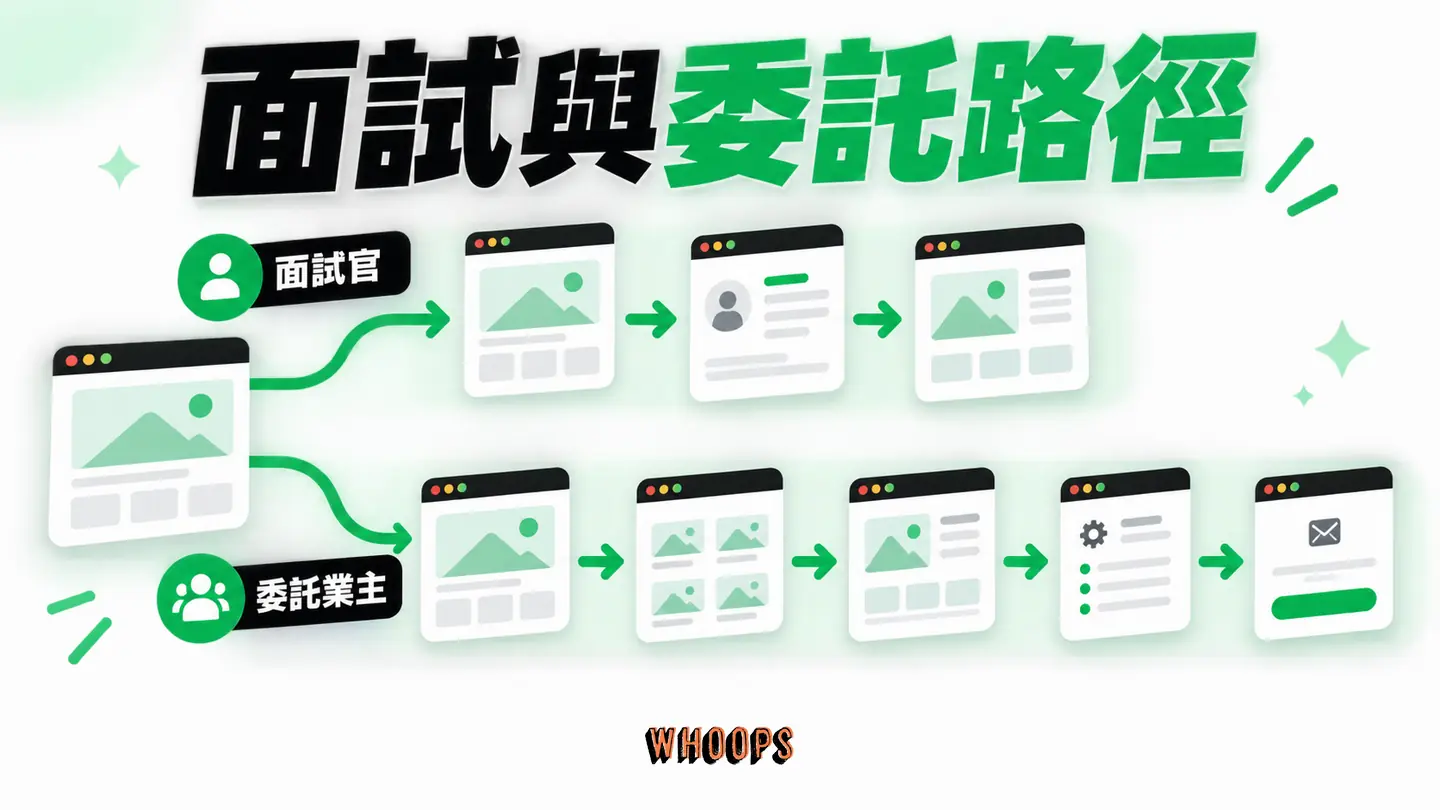 面試與委託路徑：面試官快線與業主深線共用首頁、代表作及聯絡資訊。