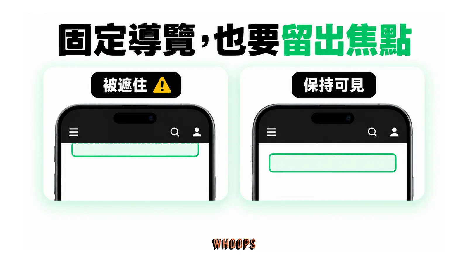 固定導覽可能遮住焦點元素,需調整空間讓操作目標保持可見。
