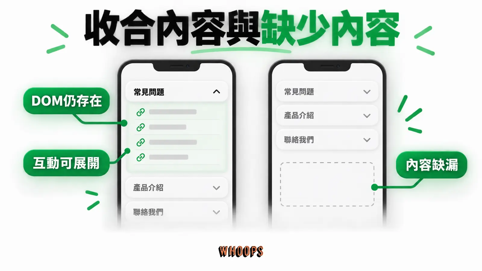 收合內容與缺少內容：DOM仍存在、互動可展開、內容缺漏