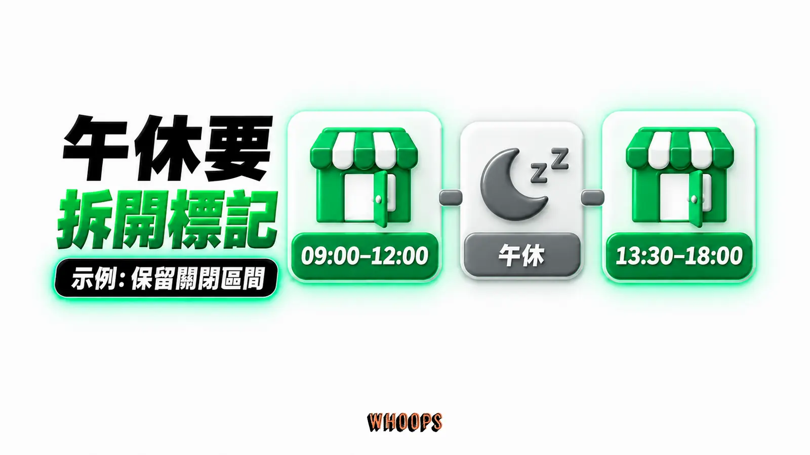 午休要拆開標記:09:00–12:00、午休、13:30–18:00