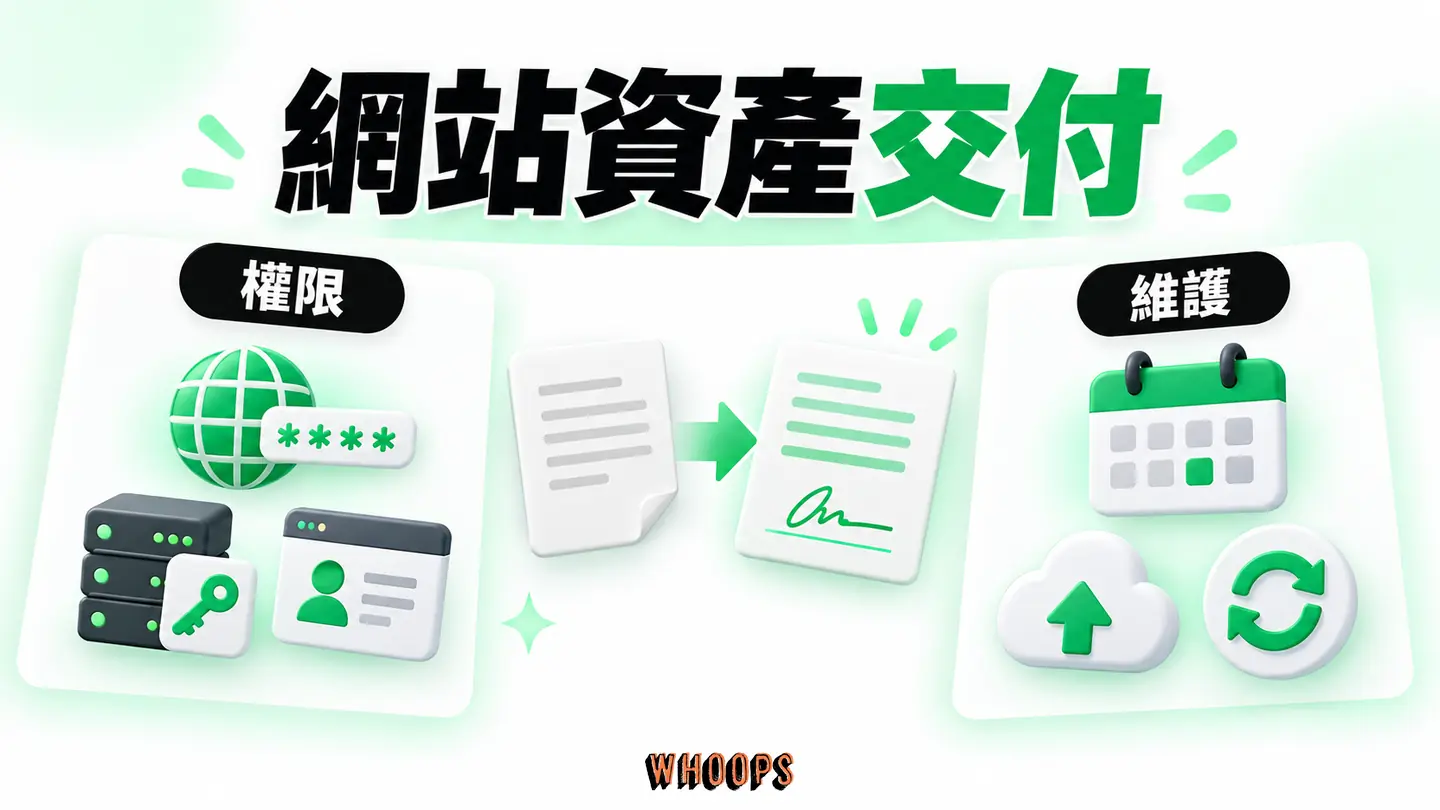 網站資產交付：主機、網域、原始檔與後台權限的合約與移交關係。