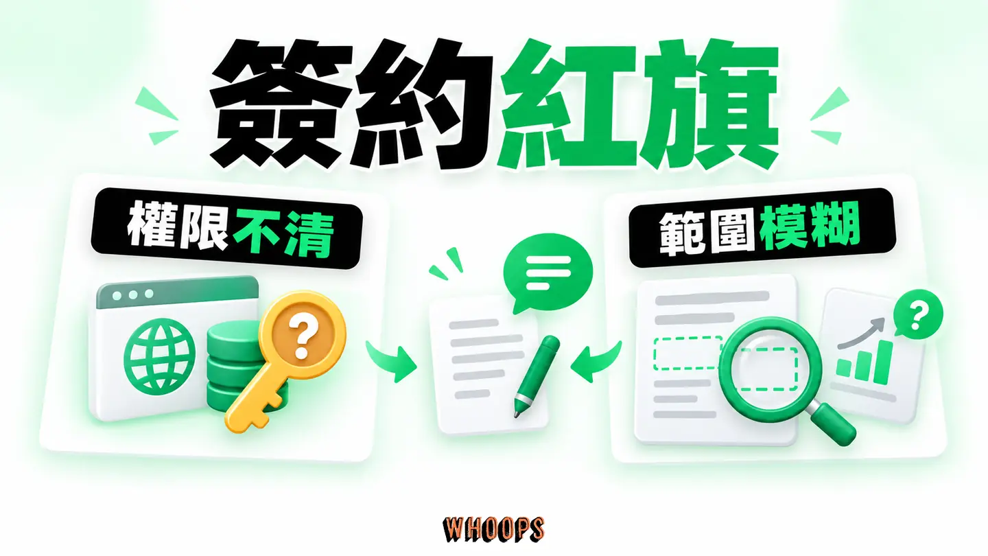 簽約紅旗：保證流量、權限不清、範圍模糊與移轉條件逐一追問。