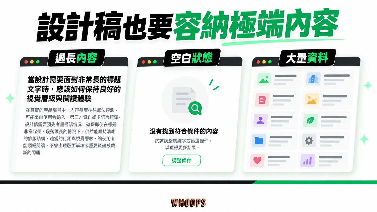 交付元件時，也要說明長內容、空狀態與大量資料的處理方式。