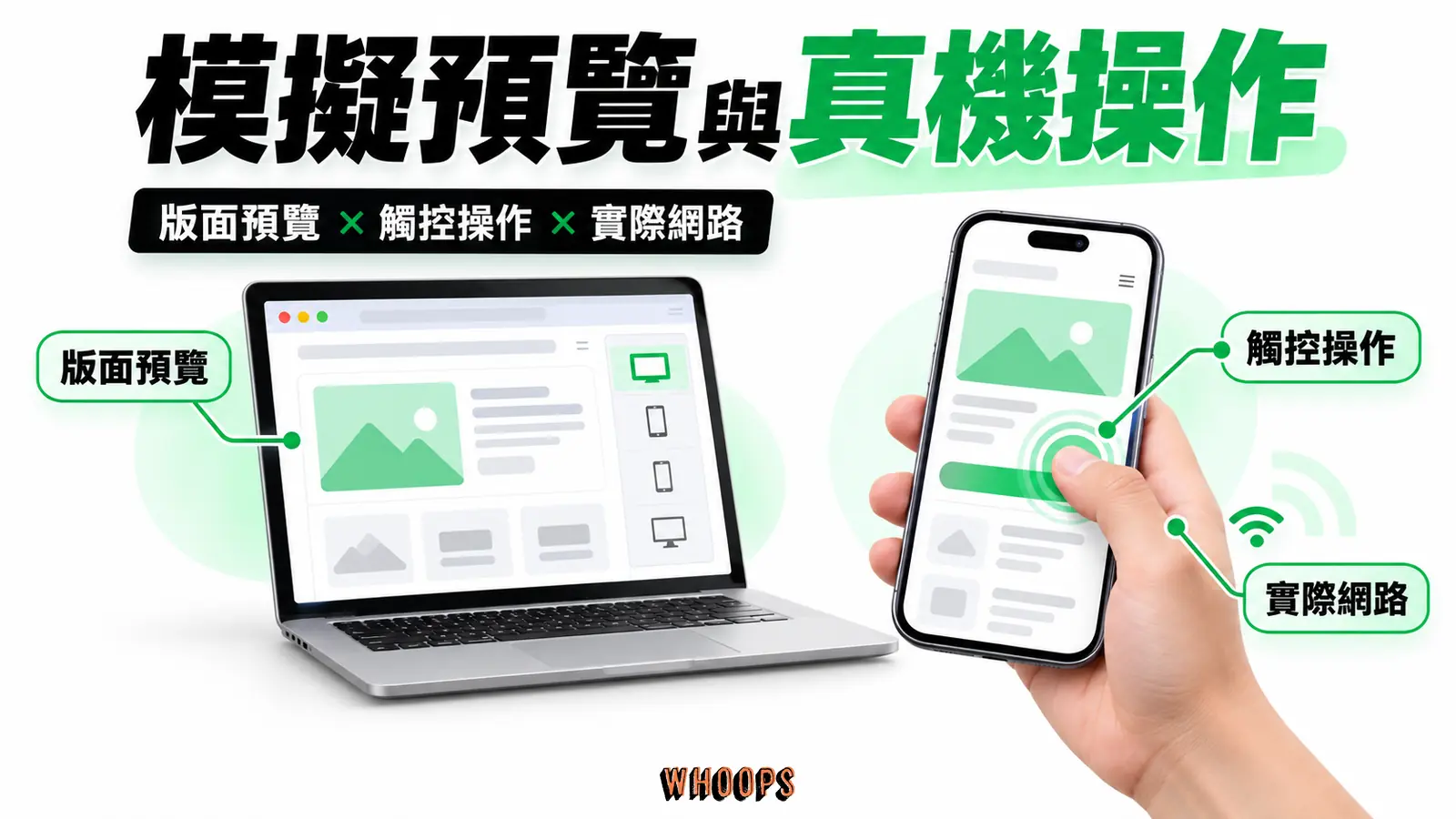 模擬預覽與真機操作：版面預覽、觸控操作、實際網路