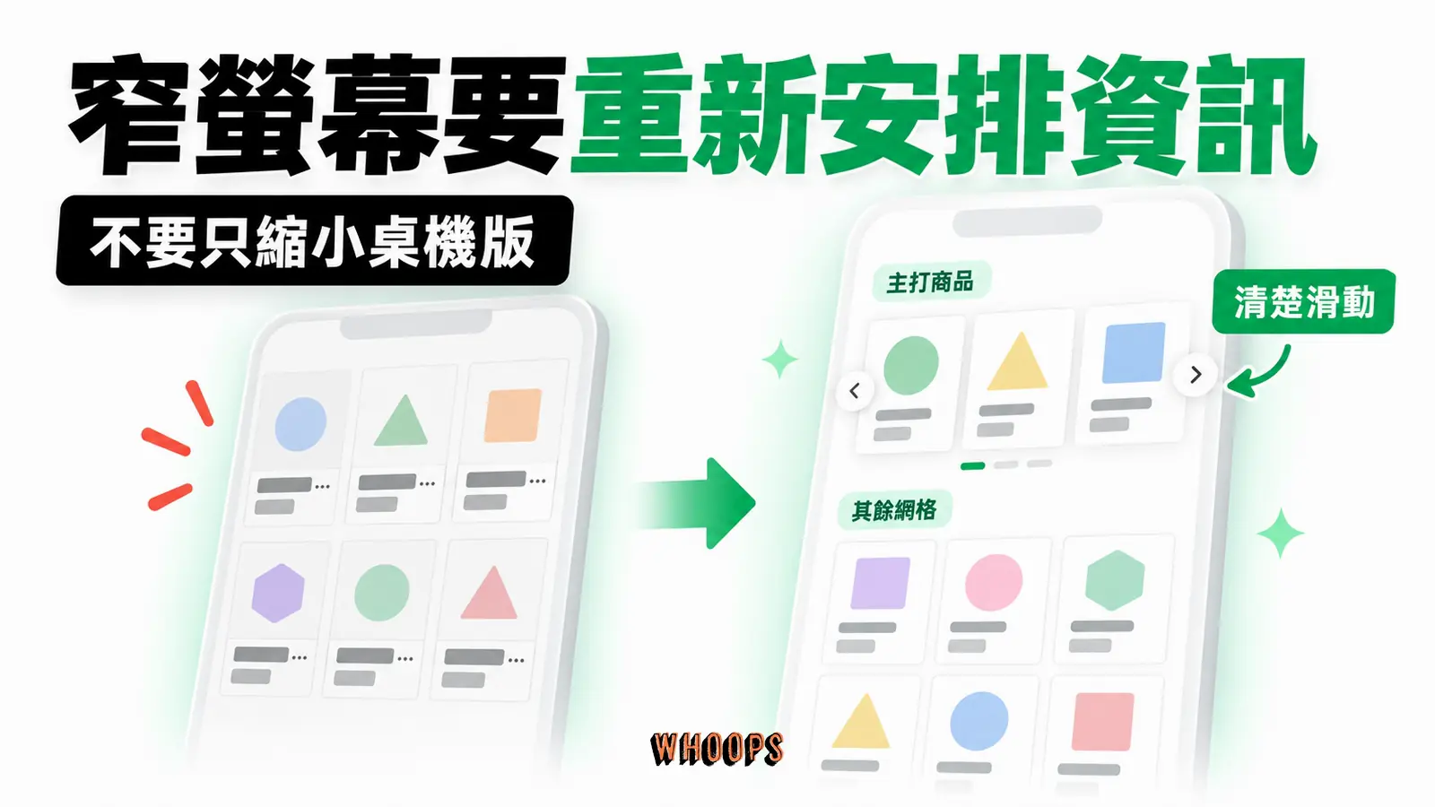 窄螢幕要重新安排資訊:主打商品、清楚滑動、其餘網格