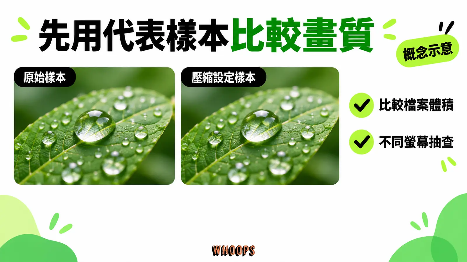 先用代表樣本比較畫質：細節樣本、檔案體積、不同螢幕