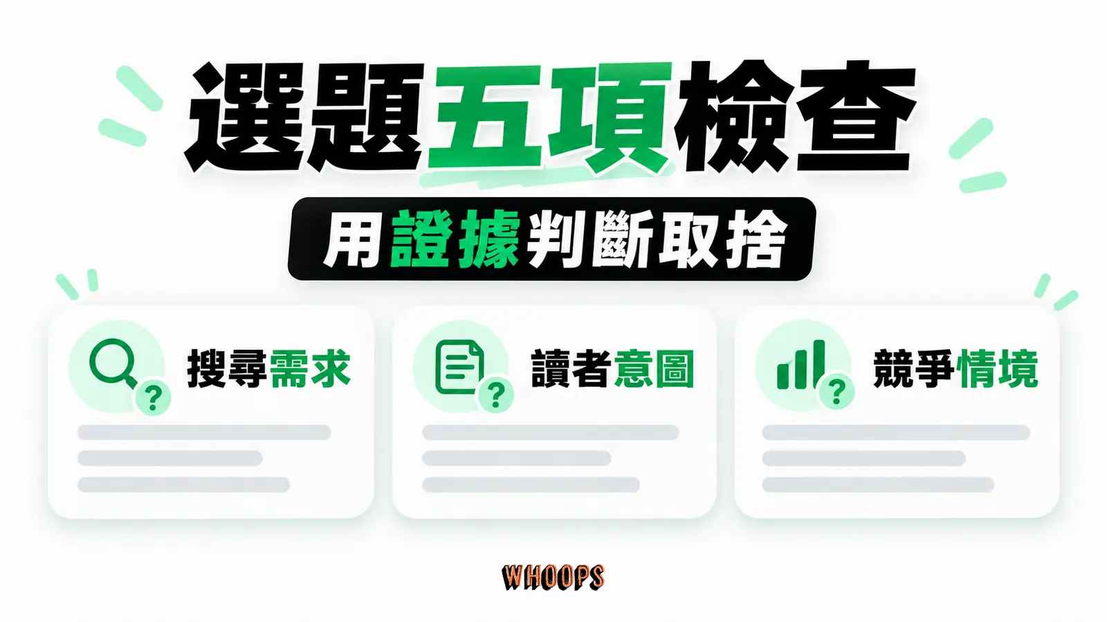 整理搜尋需求、意圖、競爭與內容能力等選題線索，用證據比較而非固定紅綠門檻。