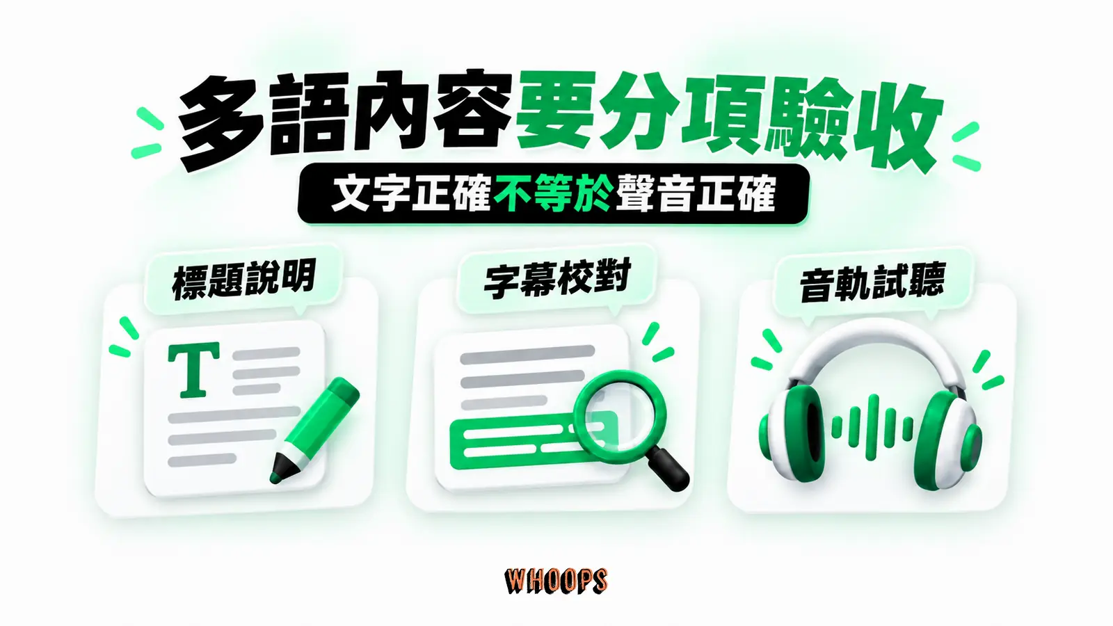 多語內容要分項驗收：標題說明、字幕校對、音軌試聽